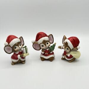 Vintage HOMECO #5405 - Retro Christmas Santa Mice Ceramic Figurines, Set Of 3